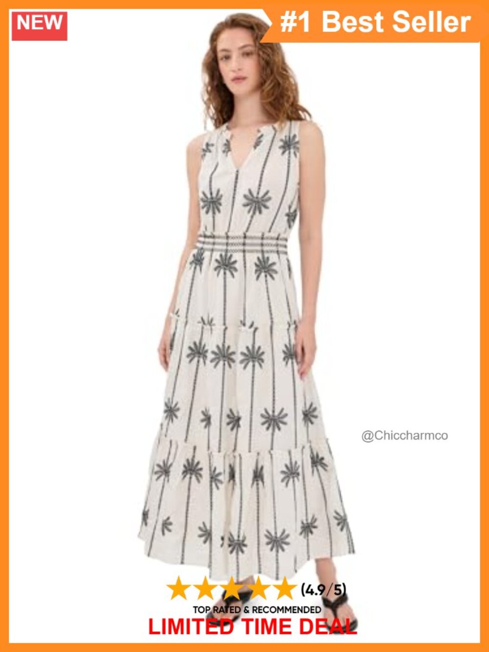 Sleeveless Maxi Dress Split Neck Smocked Waist Palm Embroidery